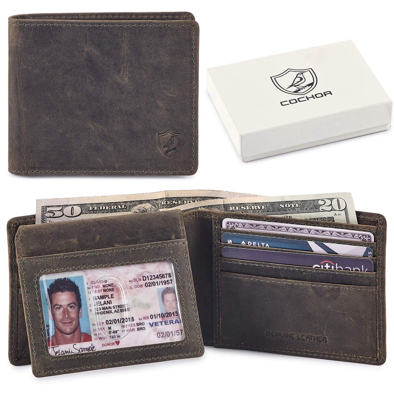 Cochoa Bifold Wallet for Men's Real Genuine Slim Leather RFID Blocking 2 ID Windows Stylish Travel Gift Box (CRAZY HORSE, MOSS GREEN) - Image 1